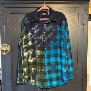Tie-Dye Plaid Button-Up Flannel Shirt